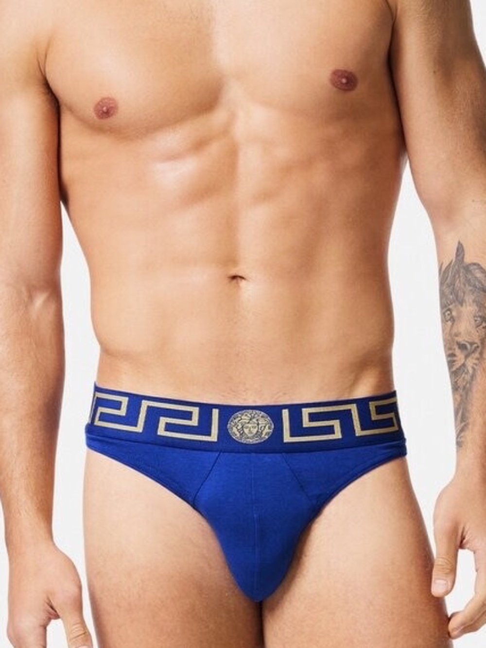 Versace Greca Border Medusa Greek Key Blue Logo Waistband Thong Underwear
